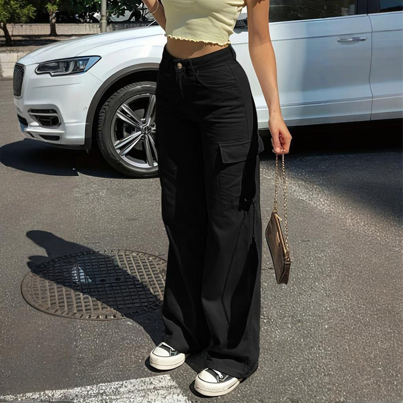 Women's Solid Color Wide Leg Pants With 4 Pockets - Button & Zip Front Casual Trousers For Spring&Fall