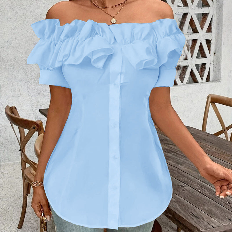 Women's Solid Color Off-Shoulder Ruffled Blouse - Waist Button-Down Shirt For Vacation & Daily Wear