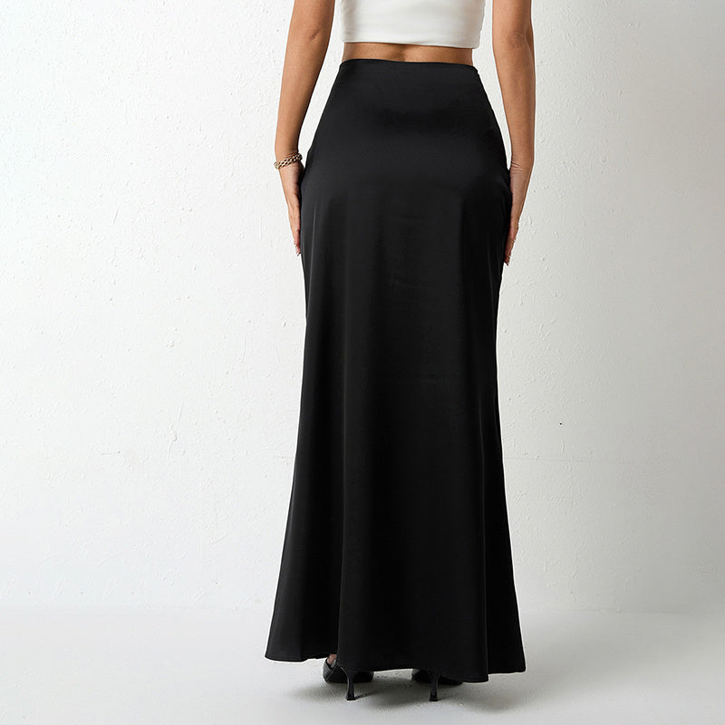 Women's Elegant Satin High Waist Flared Midi Skirt Cocktail Party Wedding Long Skirt
