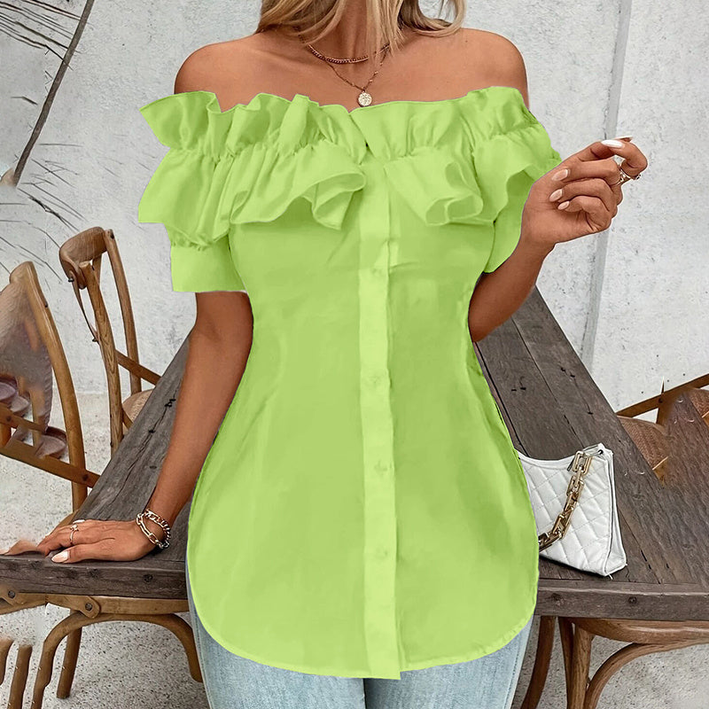 Women's Solid Color Off-Shoulder Ruffled Blouse - Waist Button-Down Shirt For Vacation & Daily Wear