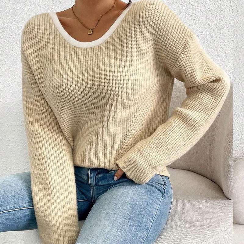 Women's Bow Sweater Long Sleeve Top, Open Back Crew Neck Split Pullover, Fall Trendy Going Out Sweater