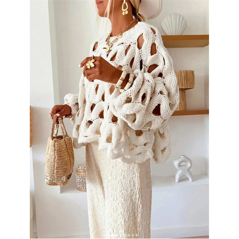 Womens Sweaters Crewneck Elegant Soft Long Sleeve Hollow Out Crochet Knit Pullover Tops