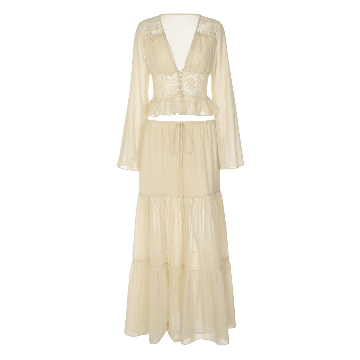 Valentina Lace Chiffon Cardigan Top And Loose Long Skirt Set