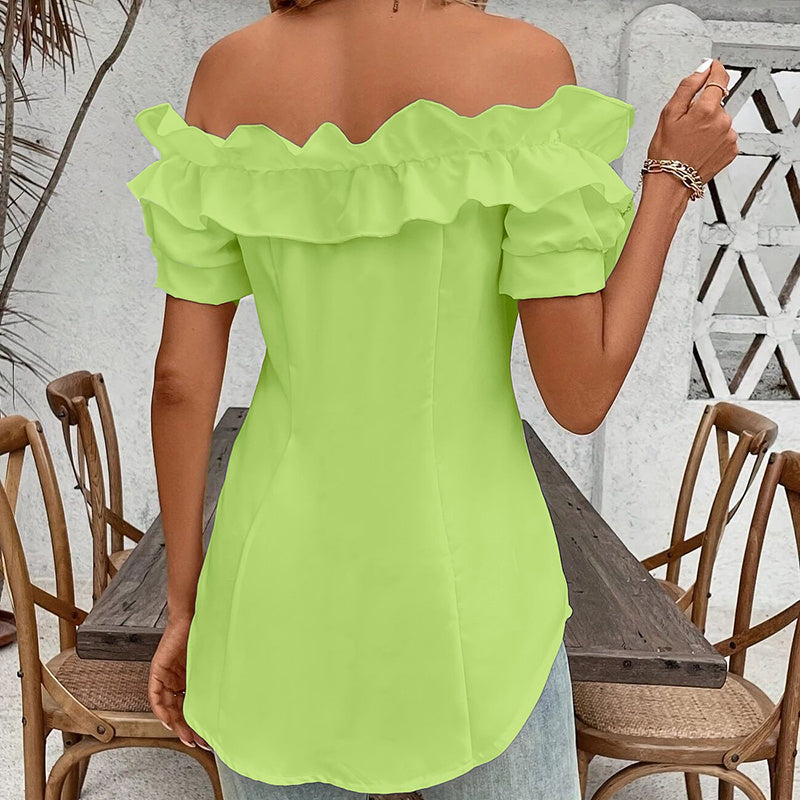 Women's Solid Color Off-Shoulder Ruffled Blouse - Waist Button-Down Shirt For Vacation & Daily Wear