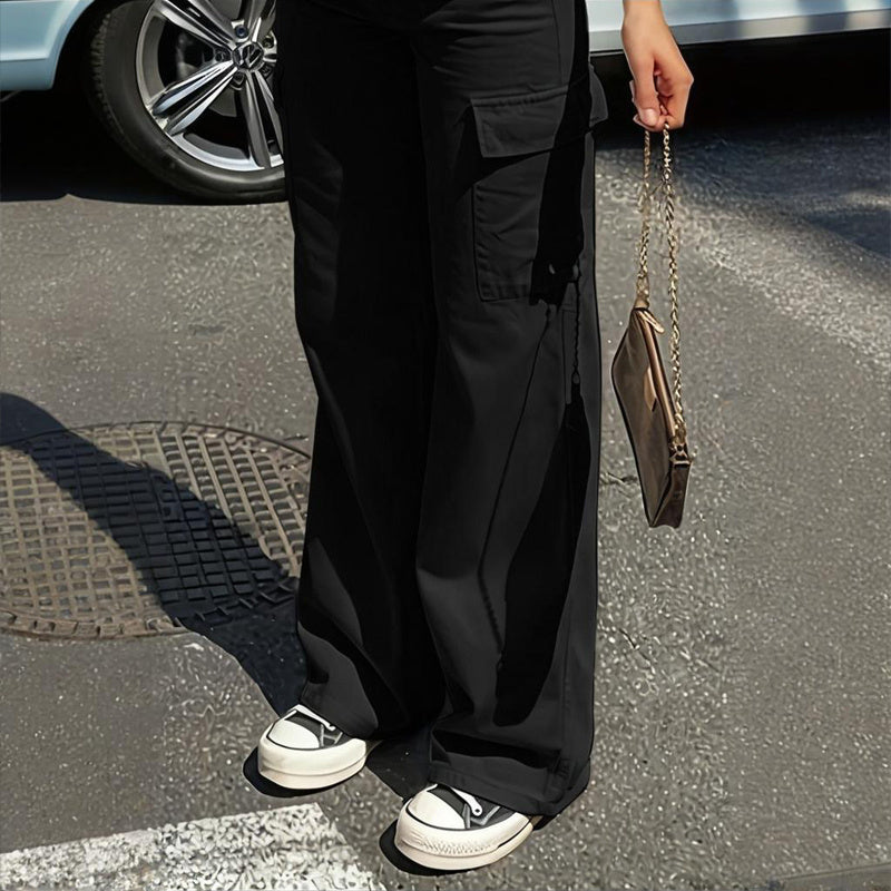 Women's Solid Color Wide Leg Pants With 4 Pockets - Button & Zip Front Casual Trousers For Spring&Fall