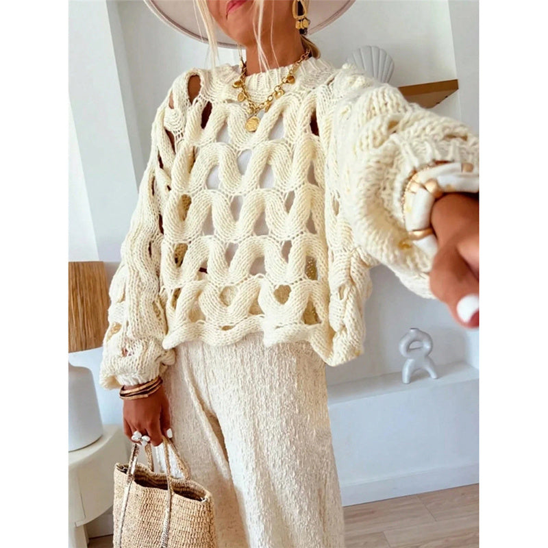 Womens Sweaters Crewneck Elegant Soft Long Sleeve Hollow Out Crochet Knit Pullover Tops