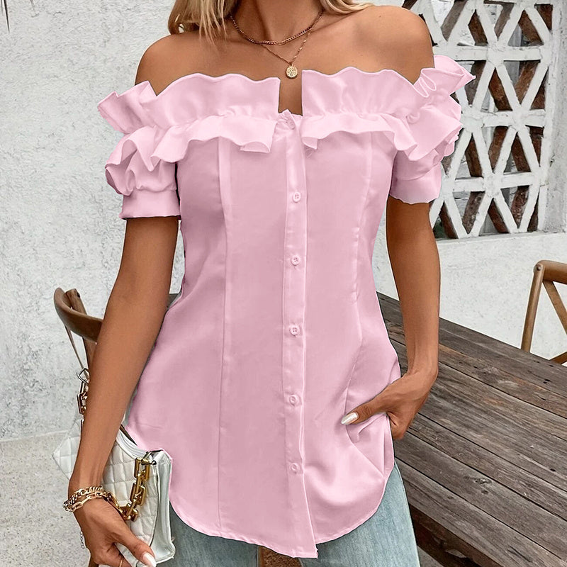 Women's Solid Color Off-Shoulder Ruffled Blouse - Waist Button-Down Shirt For Vacation & Daily Wear