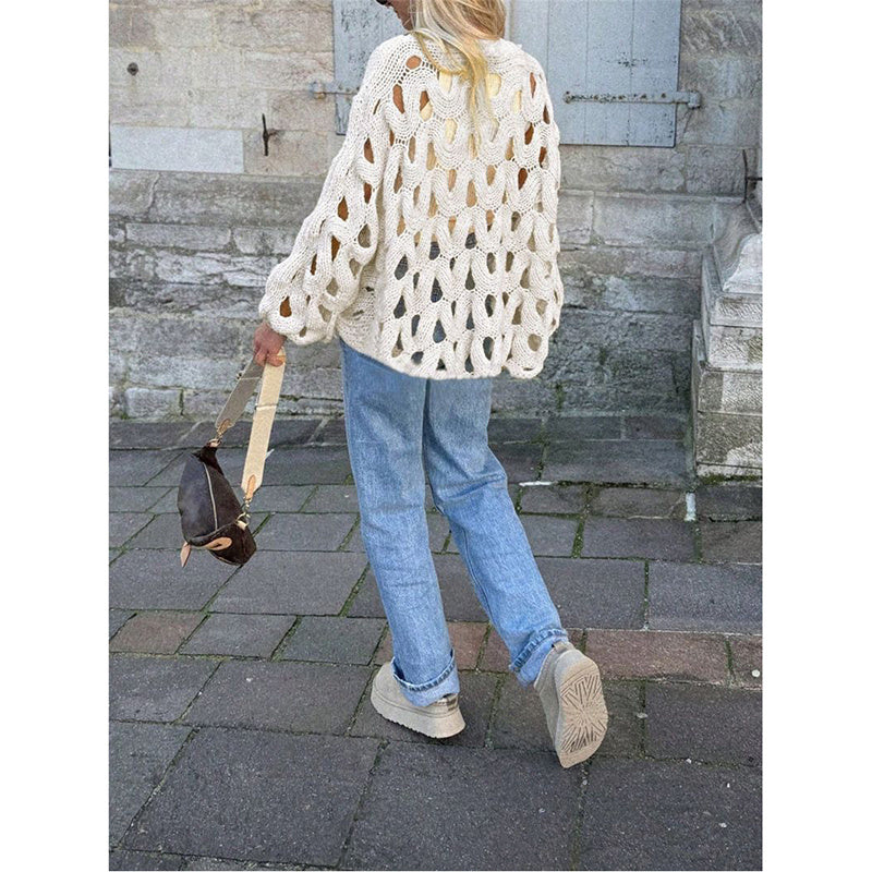 Womens Sweaters Crewneck Elegant Soft Long Sleeve Hollow Out Crochet Knit Pullover Tops