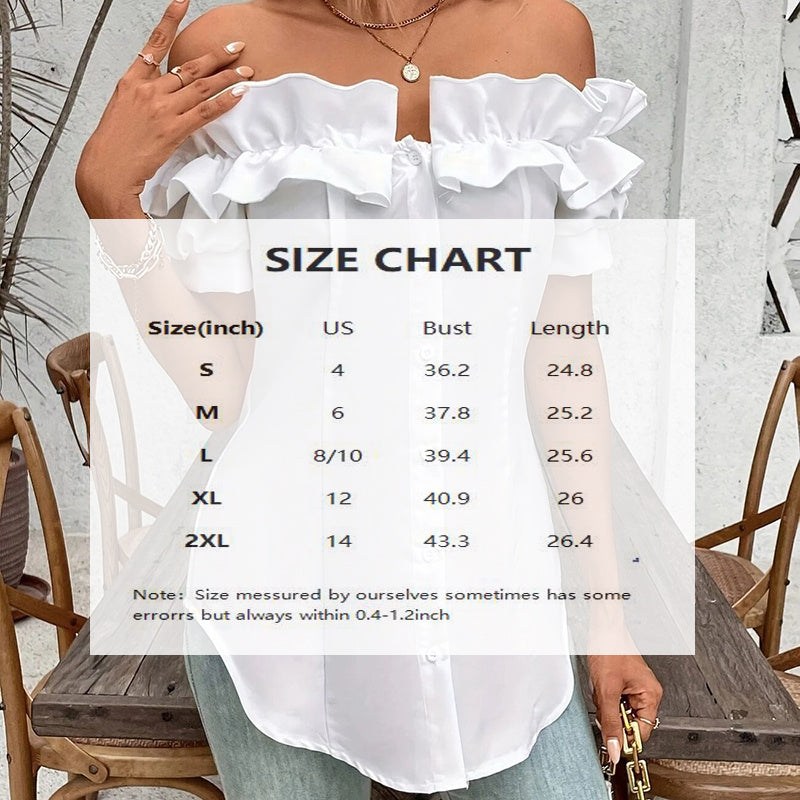 Women's Solid Color Off-Shoulder Ruffled Blouse - Waist Button-Down Shirt For Vacation & Daily Wear