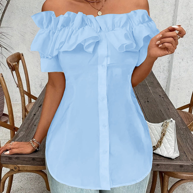Women's Solid Color Off-Shoulder Ruffled Blouse - Waist Button-Down Shirt For Vacation & Daily Wear