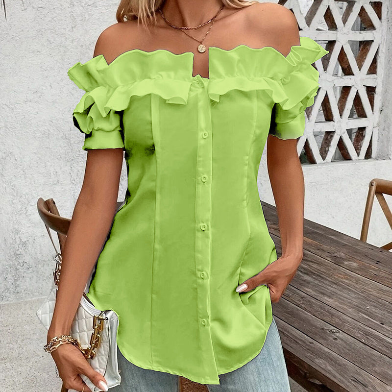 Women's Solid Color Off-Shoulder Ruffled Blouse - Waist Button-Down Shirt For Vacation & Daily Wear