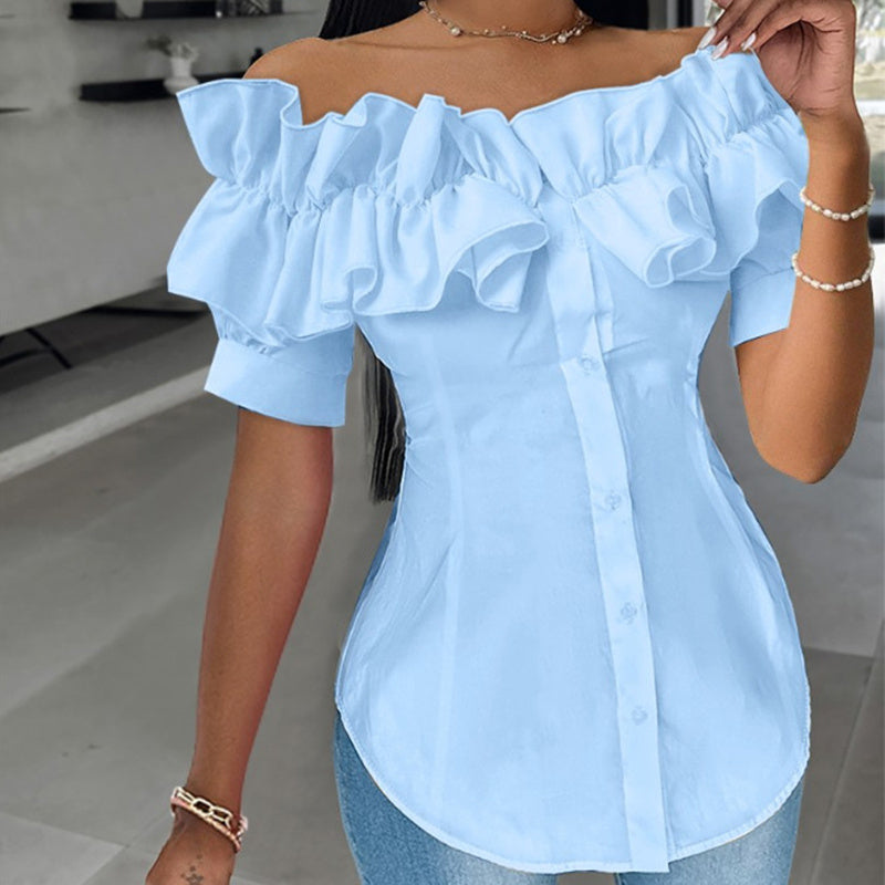 Women's Solid Color Off-Shoulder Ruffled Blouse - Waist Button-Down Shirt For Vacation & Daily Wear