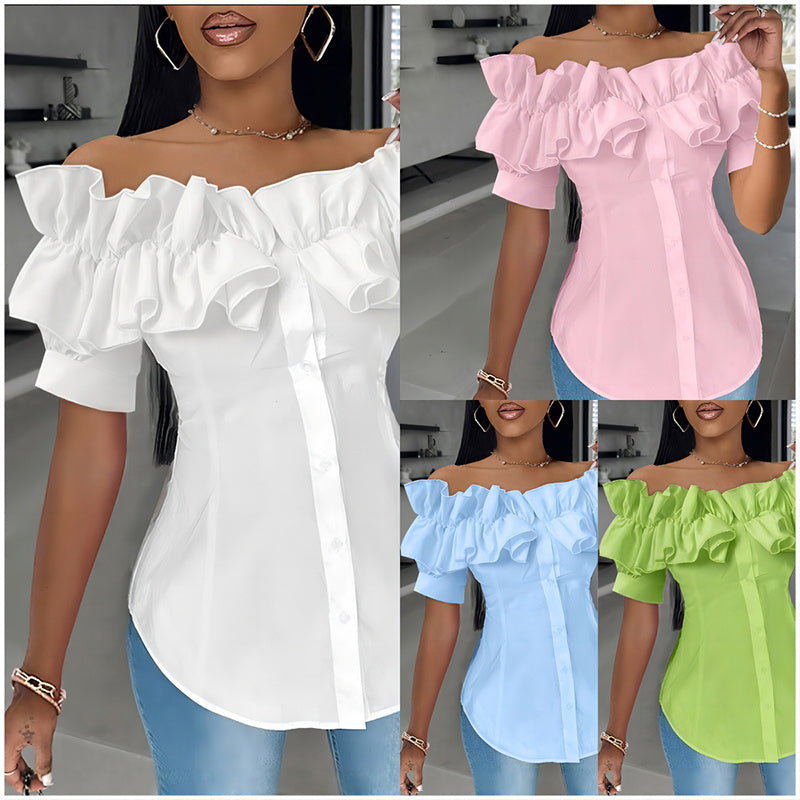 Women's Solid Color Off-Shoulder Ruffled Blouse - Waist Button-Down Shirt For Vacation & Daily Wear