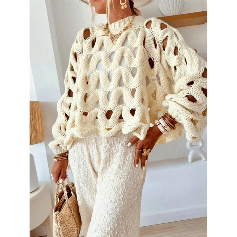 Womens Sweaters Crewneck Elegant Soft Long Sleeve Hollow Out Crochet Knit Pullover Tops