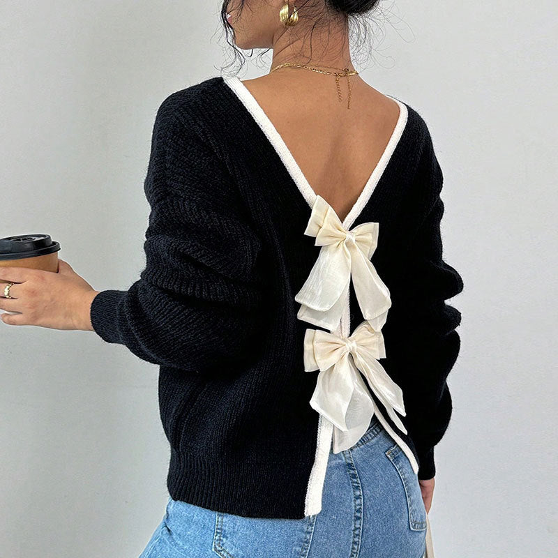 Women's Bow Sweater Long Sleeve Top, Open Back Crew Neck Split Pullover, Fall Trendy Going Out Sweater