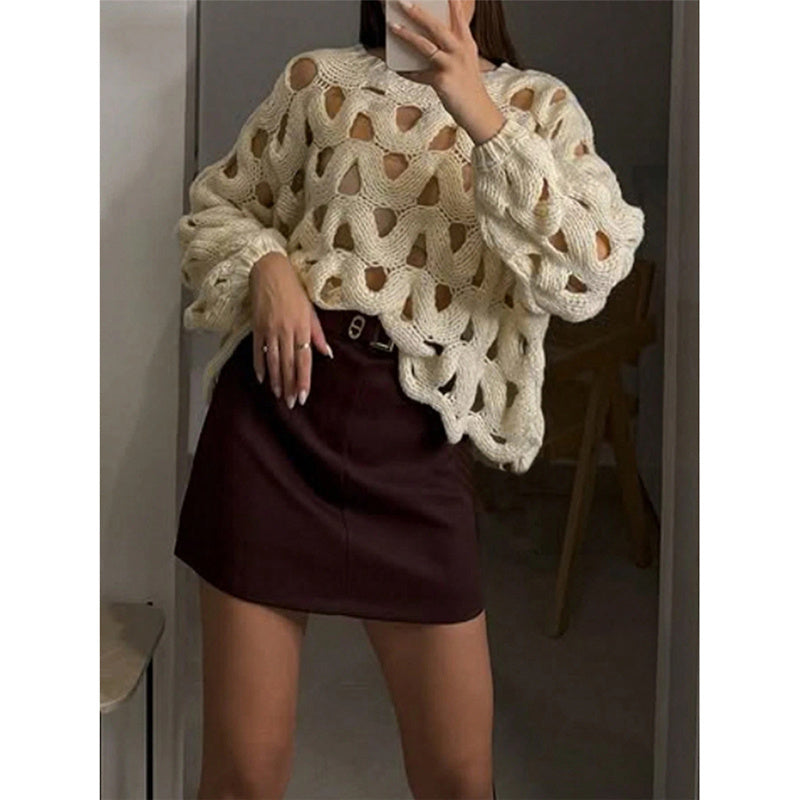 Womens Sweaters Crewneck Elegant Soft Long Sleeve Hollow Out Crochet Knit Pullover Tops