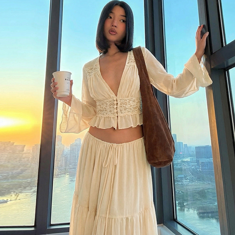 Valentina Lace Chiffon Cardigan Top And Loose Long Skirt Set