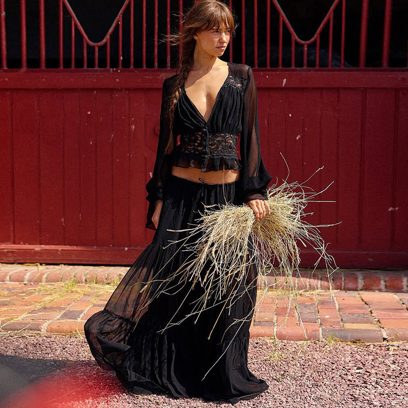 Valentina Lace Chiffon Cardigan Top And Loose Long Skirt Set