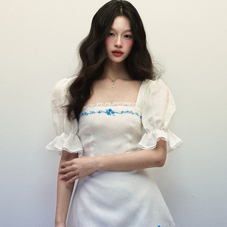 Women's Summer Blue Embroidered Horn Short Sleeve White Linen Generous Neck Dress