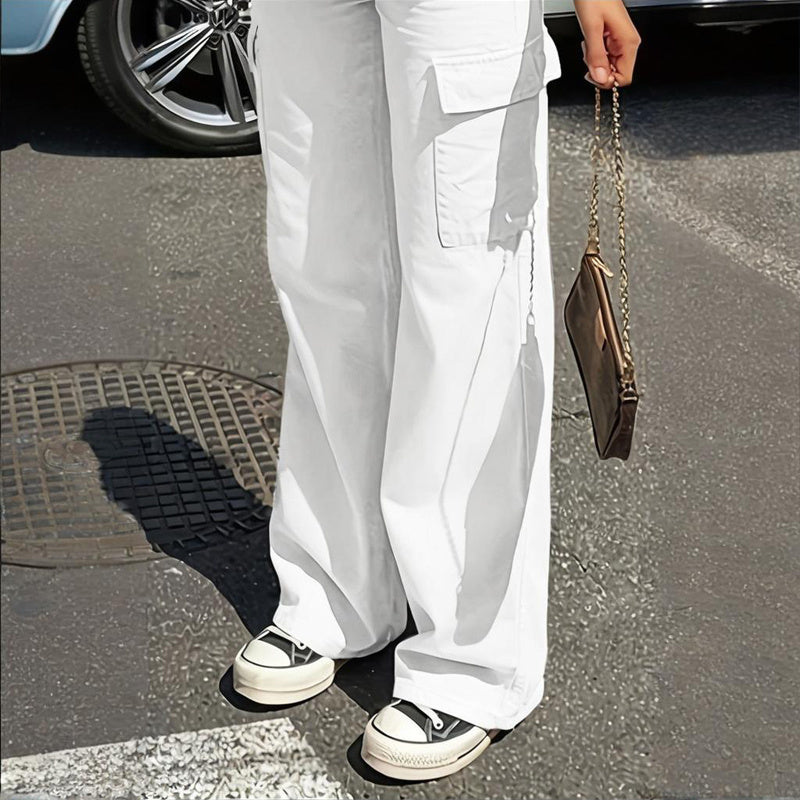 Women's Solid Color Wide Leg Pants With 4 Pockets - Button & Zip Front Casual Trousers For Spring&Fall