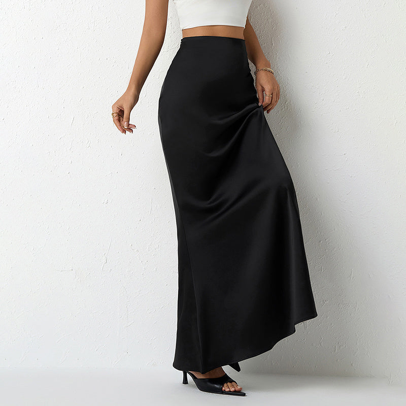 Women's Elegant Satin High Waist Flared Midi Skirt Cocktail Party Wedding Long Skirt