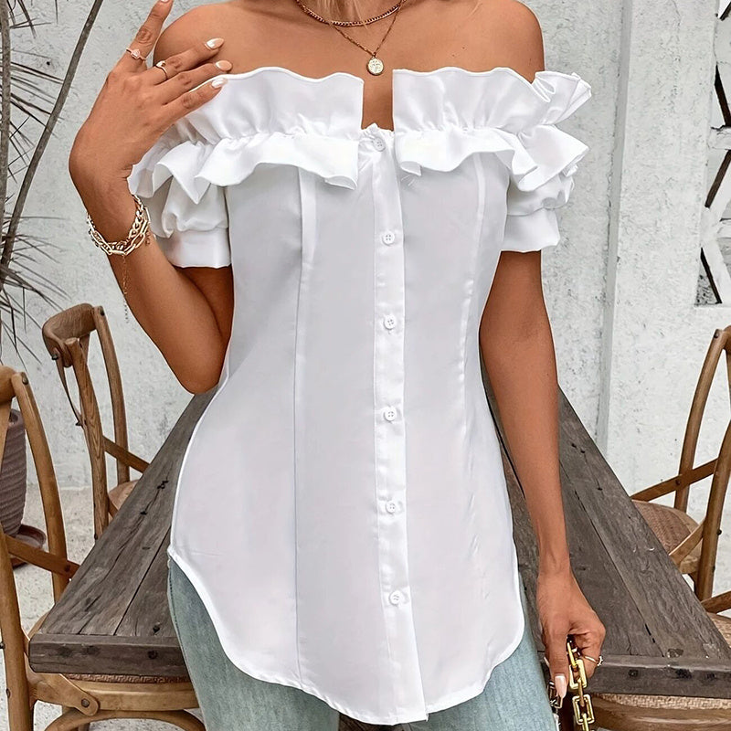 Women's Solid Color Off-Shoulder Ruffled Blouse - Waist Button-Down Shirt For Vacation & Daily Wear