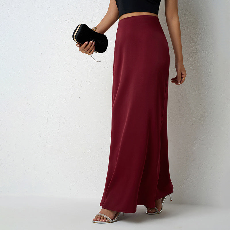 Women's Elegant Satin High Waist Flared Midi Skirt Cocktail Party Wedding Long Skirt