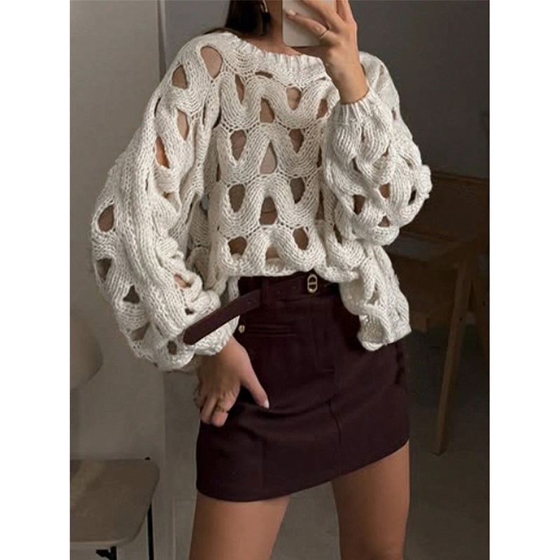 Womens Sweaters Crewneck Elegant Soft Long Sleeve Hollow Out Crochet Knit Pullover Tops