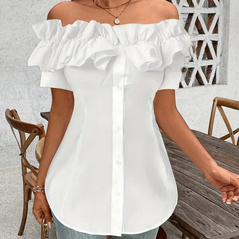 Women's Solid Color Off-Shoulder Ruffled Blouse - Waist Button-Down Shirt For Vacation & Daily Wear