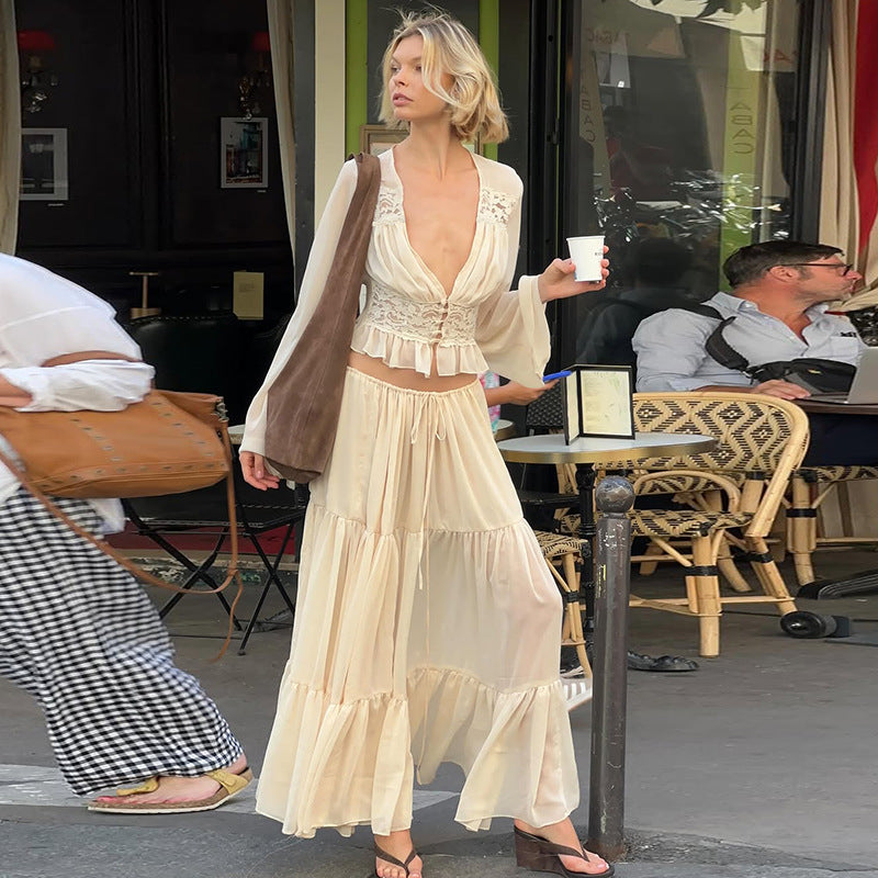 Valentina Lace Chiffon Cardigan Top And Loose Long Skirt Set