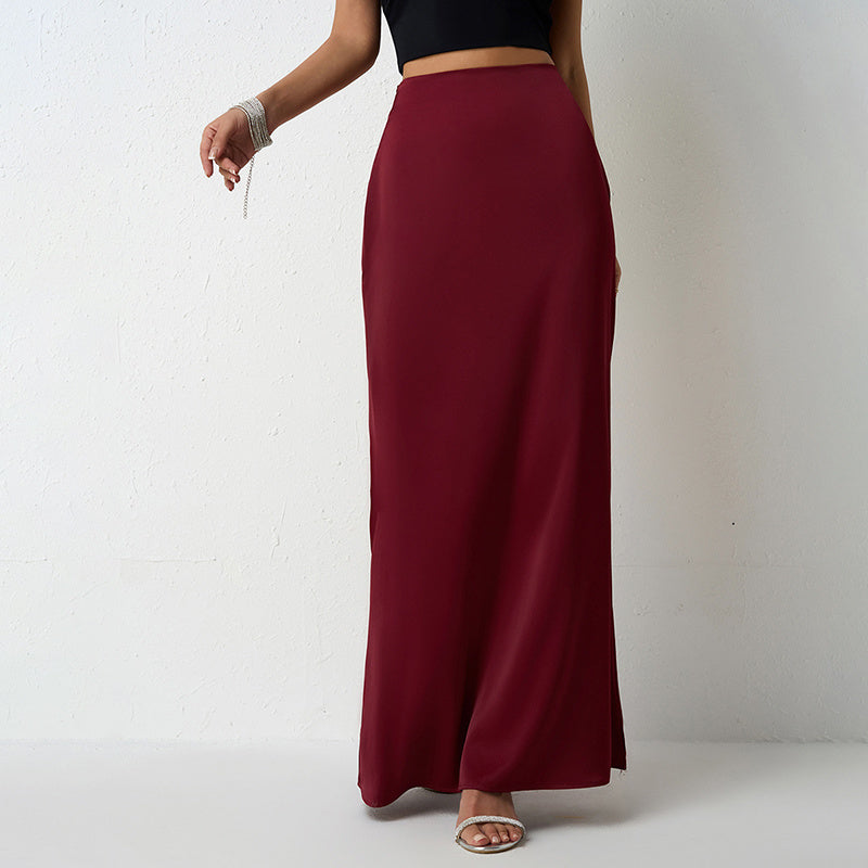 Women's Elegant Satin High Waist Flared Midi Skirt Cocktail Party Wedding Long Skirt