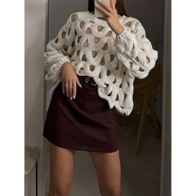 Womens Sweaters Crewneck Elegant Soft Long Sleeve Hollow Out Crochet Knit Pullover Tops