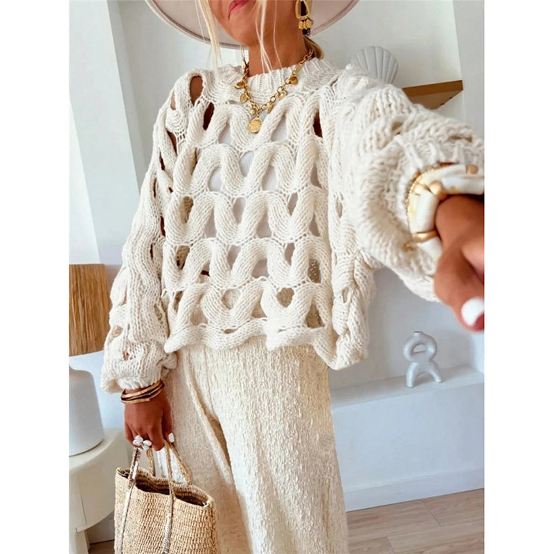 Womens Sweaters Crewneck Elegant Soft Long Sleeve Hollow Out Crochet Knit Pullover Tops