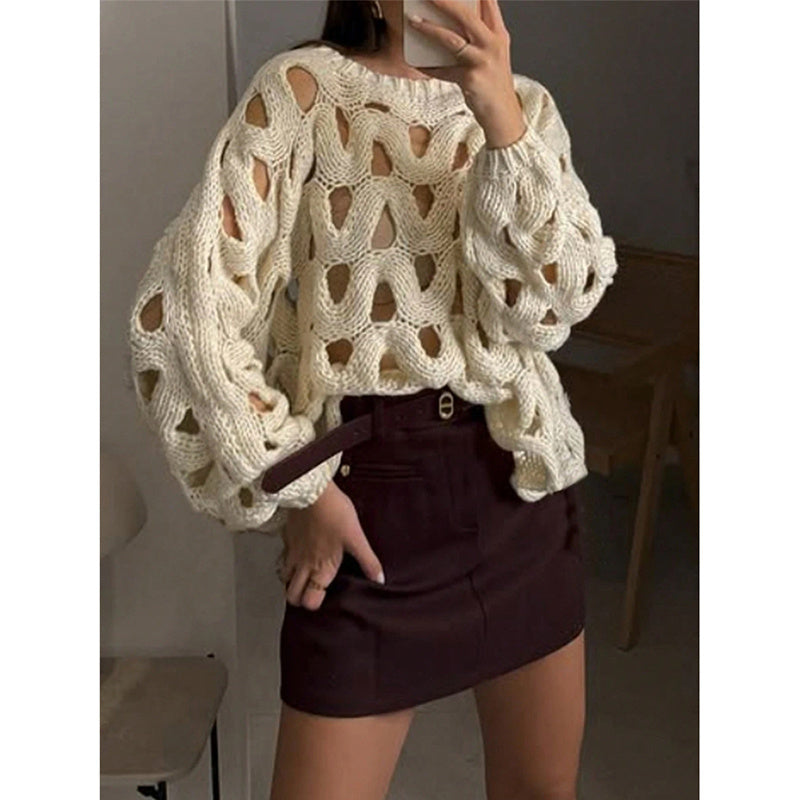 Womens Sweaters Crewneck Elegant Soft Long Sleeve Hollow Out Crochet Knit Pullover Tops